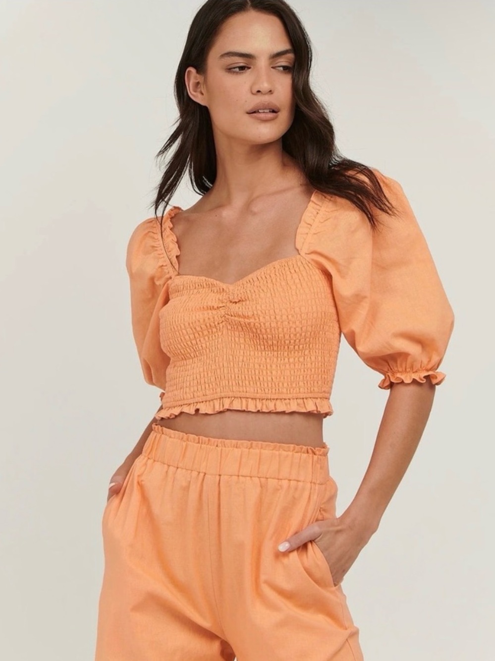 Charlie Holiday Andrea Apricot Puff Sleeve Smocked Crop Top Size 4